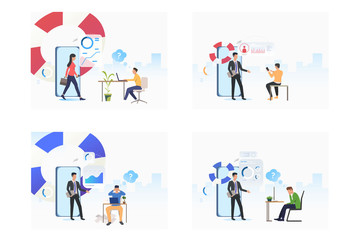 Wall Mural - Entrepreneur consulting expert set. Smartphone, lifebuoy, consultant. Flat vector illustrations. Business, online support concept for banner, website design or landing web page