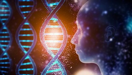 Glowing and shining DNA strands double helix close-up with genome code and human head profile Medical, biology, microbiology, genetics 3D rendering illustration concept. Artist vision.