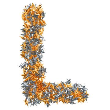 Letter L from gold and silver stars, 3D rendering
