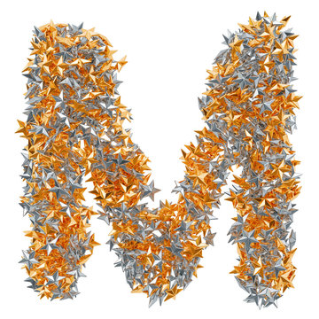 Letter M from gold and silver stars, 3D rendering