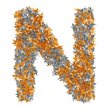 Letter N from gold and silver stars, 3D rendering