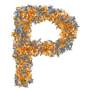 Letter P from gold and silver stars, 3D rendering