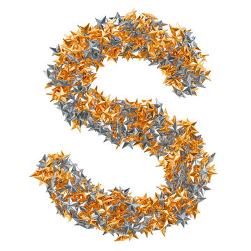 Letter S from gold and silver stars, 3D rendering