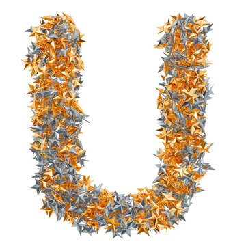 Letter U from gold and silver stars, 3D rendering