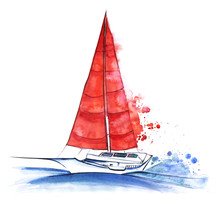 Easy Walking White Abstract Yacht Sailboat With Red Sails Sailing In The Drift Water. Boat At Sea. Hand-drawn Watercolor Illustration With Blots. Isolated.