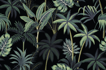 Naklejka na meble Tropikalna noc rocznika palmy, drzewa bananowego i liści palmowych kwiatowy wzór czarne tło. Tapeta egzotyczna ciemna dżungla.