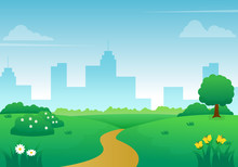 Beautiful City Park Vector Illustration With Flowers, Green Grass, Tree And Blue Sky. Summer Landscape Background 