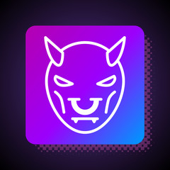 Sticker - White line Mask of the devil with horns icon isolated on black background. Square color button. Vector Illustration