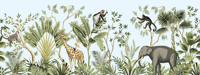 tropical vintage botanical landscape, palm tree, banana tree, plant, palm leaves, giraffe, monkey, e