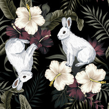 Tropical Vintage Dark, White Hibiscus Flower, Palm Leaves Floral, Rabbit Animal Seamless Pattern Black Background. Exotic Jungle Wallpaper.