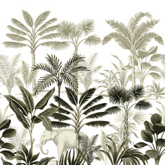 Sticker - Tropical vintage botanical landscape, palm tree, banana tree, plant floral seamless border white background. Exotic green jungle animal wallpaper.