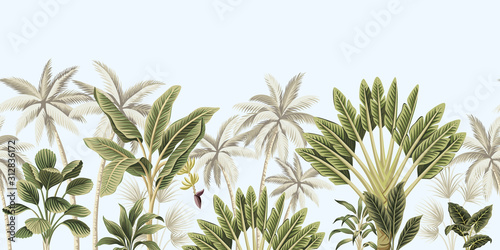 Dekoracja na wymiar  tropikalny-krajobraz-botaniczny-vintage-palmy-drzewo-bananowe-roslina-kwiatowy-bezszwowe-granica-niebieskie-tlo-tapeta-egzotyczna-zielona-dzungla