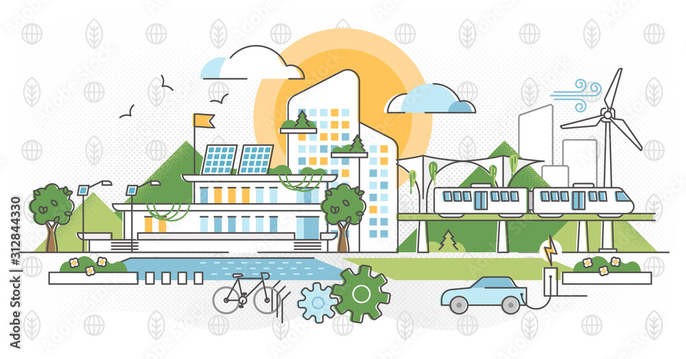 Green infrastructure vector illustration. Ecological city outline concept. - obrazy, fototapety, plakaty 