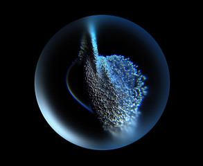 Wall Mural - 3d render of abstract glass sphere with glass heart inside and small balls particles on black background