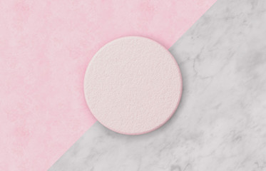 Poster - Empty pink cylinder box on Duotone background with marble stone texture for product display. Minimal spring summer concept. Flat lay. Top view.