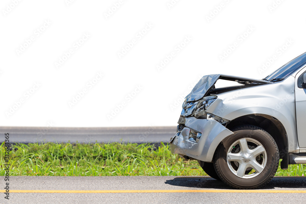 Front of black car get damaged by accident on the road. Isolated on white - obrazy, fototapety, plakaty 