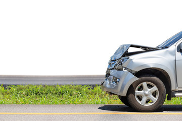 Wall Mural - Front of black car get damaged by accident on the road. Isolated on white