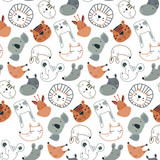 Vector seamless pattern with cute animal faces in simple scandinavian style.