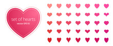 Vector Set Of Hearts. Abstract Symbols Of Love, Passion, Health. Different Icons With Narrow, Pointed, Wide, Rounded And Curved Shapes. Various Tints Of Pink And Red. Flat Stickers For Valentine's Day