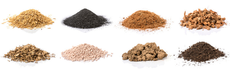 Set of material for growing the plant. Rice chaff, Black chafe, Coconut shells hair and spathe, Dry tree leaf, Chemical fertilizer, Pure Soil and mixed soil isolated on white