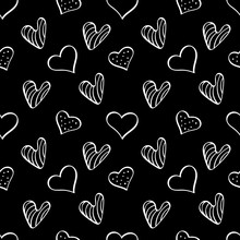 Simple Repeated Ornament With Doodle White Heart Shapes On Black Background. Vector Illustartion.