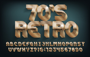 Fototapete - Retro 70s alphabet font. 3D golden letters and numbers. Stock vector typescript for your design.