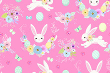 Spring Easter Background With Cute Bunnies,eggs And Flowers For Wallpaper And Fabric Design. Vector
