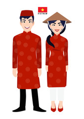 Wall Mural - Couple of cartoon characters in Vietnam traditional costume vector