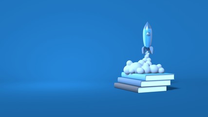 Poster - A cartoon style space rocket takes off from books. The concept of education, startup, business. Stylish minimal abstract horizontal scene, place for text. Trendy classic blue color. 3D rendering