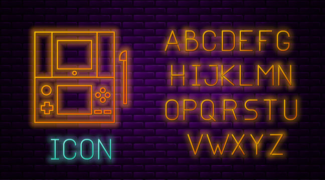 Glowing neon line Portable video game console icon isolated on brick wall background. Gamepad sign. Gaming concept. Neon light alphabet. Vector Illustration