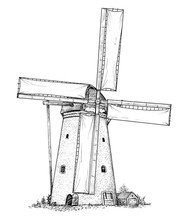 Drawing Of Classic Windmill. Sketch Of The Netherlands Architecture, Black And White Illustration