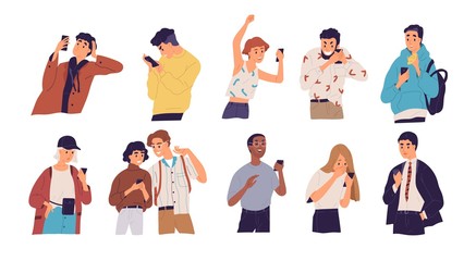 Leinwandbilder - People with smartphones flat vector illustrations set. Different emotions, reaction to information concept. Men and women with mobile phones cartoon characters isolated on white background.