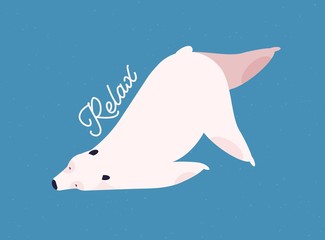 Relaxing polar bear flat vector illustration. Relaxation and recreation concept. Cute mammal in yoga pose, resting white bear with calligraphic inscription isolated on blue background.