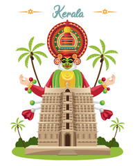 Canvas Print - kerala design, kathakali dancer and temple vector