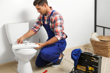 Wall Mural - Professional plumber working with toilet bowl in bathroom