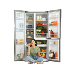 Young woman with apple and sausage near open refrigerator on white background