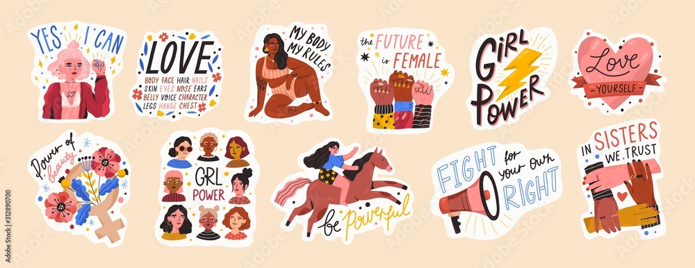 Feminist and body positive vector stickers set. Female movements cartoon badges with inspirational quotes. Women empowerment, self acceptance and gender equality trendy letterings pack. - obrazy, fototapety, plakaty 