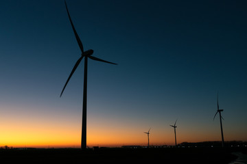 Wall Mural - Windturbines are silhouetted against the twilight sky