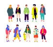 Illustration of a young fashionable people.  Girls and boys in fashionable modern clothes. A generation of mellinials and hipsters with phones. Buyers and shopaholics. Flat cartoon style. Full set.