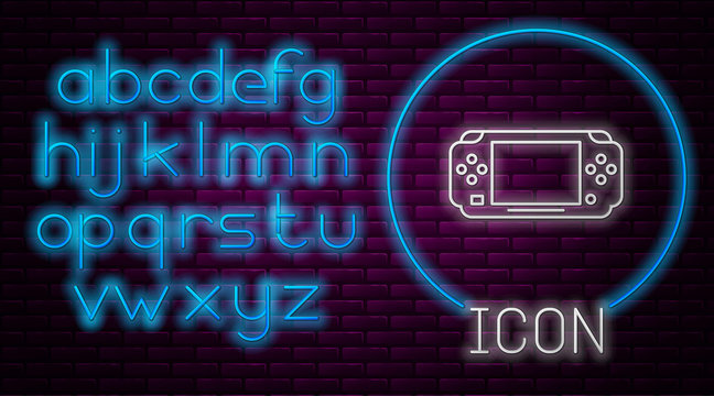 Glowing neon line Portable video game console icon isolated on brick wall background. Gamepad sign. Gaming concept. Neon light alphabet. Vector Illustration