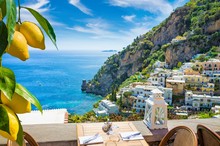 Beautiful Positano And Clear Blue Sea On Amalfi Coast In Campania, Italy. Amalfi Coast Is Popular Travel And Holyday Destination In Europe.