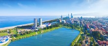 Aerial Panoramic Image Of Beautiful Batumi In Georgia Made With Drone In Sunny Summer Weather.