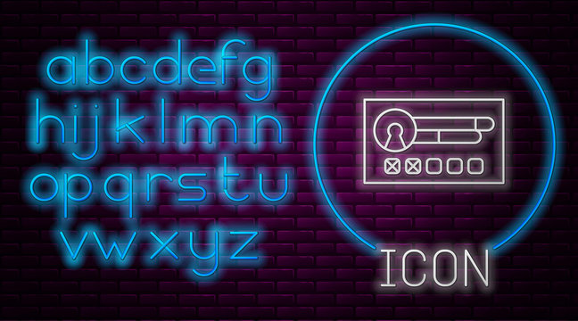 Glowing neon line Create account screen icon isolated on brick wall background. Neon light alphabet. Vector Illustration