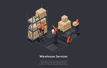 Isometric warehouse services concept. Industrial warehouse with rack with parcels and hand pallet truck, cargo service. Workers are sorting technology goods. Vector illustration