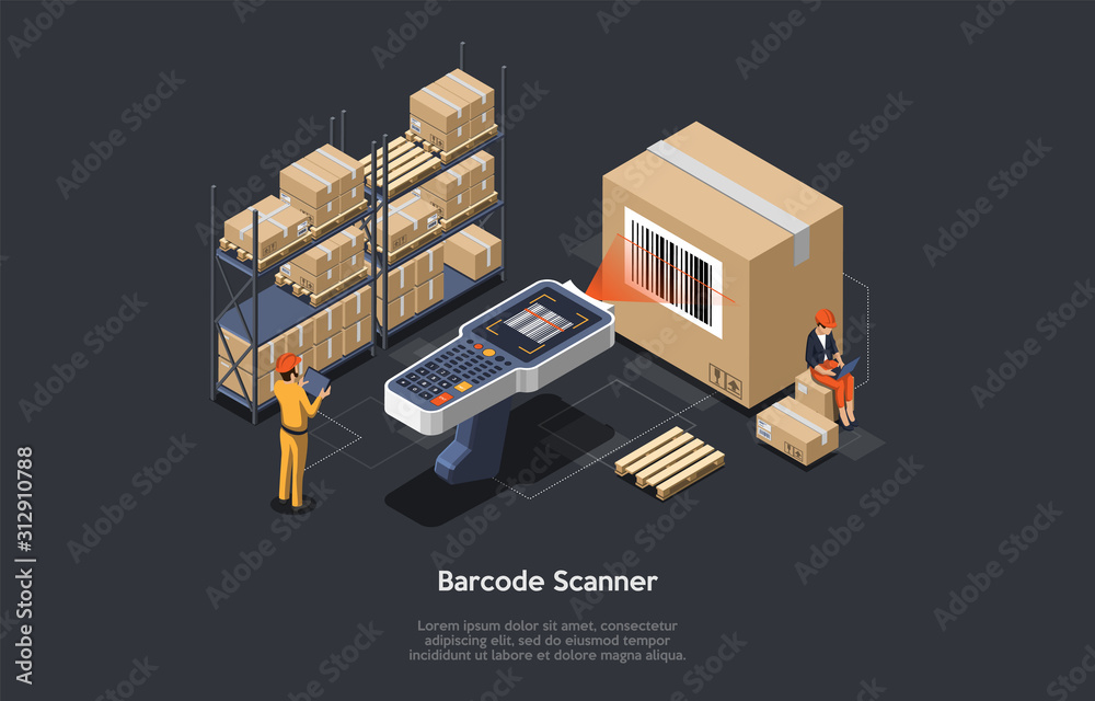 Isometric warehouse manager or warehouse worker with big barcode scanner is checking goods. Process of scanning, loading and unloading goods. Stock taking job. Vector illustration - obrazy, fototapety, plakaty 