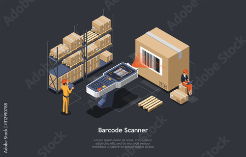 Fotomural Isometric warehouse manager or warehouse worker with big barcode scanner is checking goods