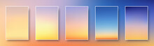 Set Of Colorful Sunset And Sunrise Sea. Blurred Modern Gradient Mesh Background Paper Cards.