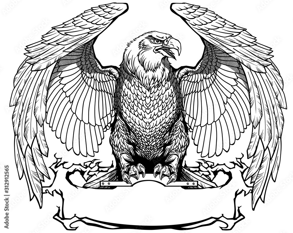 Eagle with open wings sitting on the blank ribbon. Front view. Black and  white isolated vector illustration Stock Vector | Adobe Stock, image size:1000x797