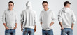 Template white hoodie on a young guy, front and back view.
