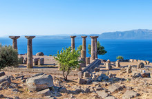 Antique Columns Off The Coast Of The Aegean Sea. Troy. Turkey